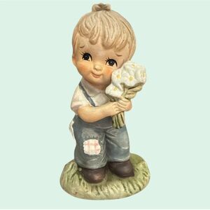 VTG Rusties Figurine – Boy in Blue Overalls with White Flowers – Bisque Finish